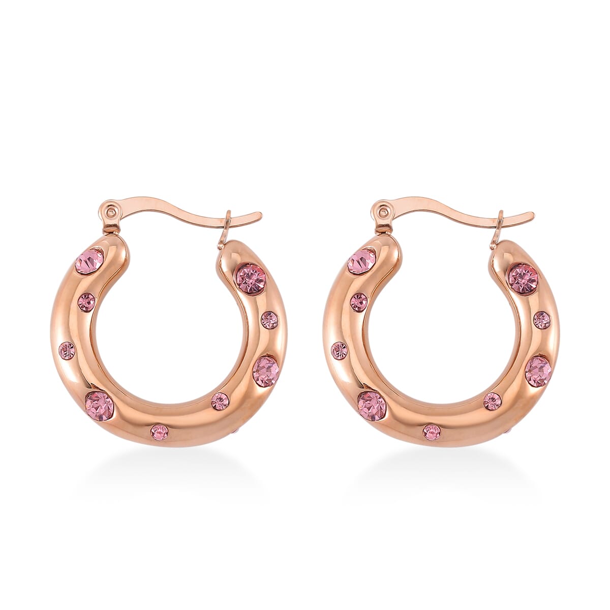 Pink Austrian Crystal Hoop Earrings in ION Plated RG Stainless Steel image number 3