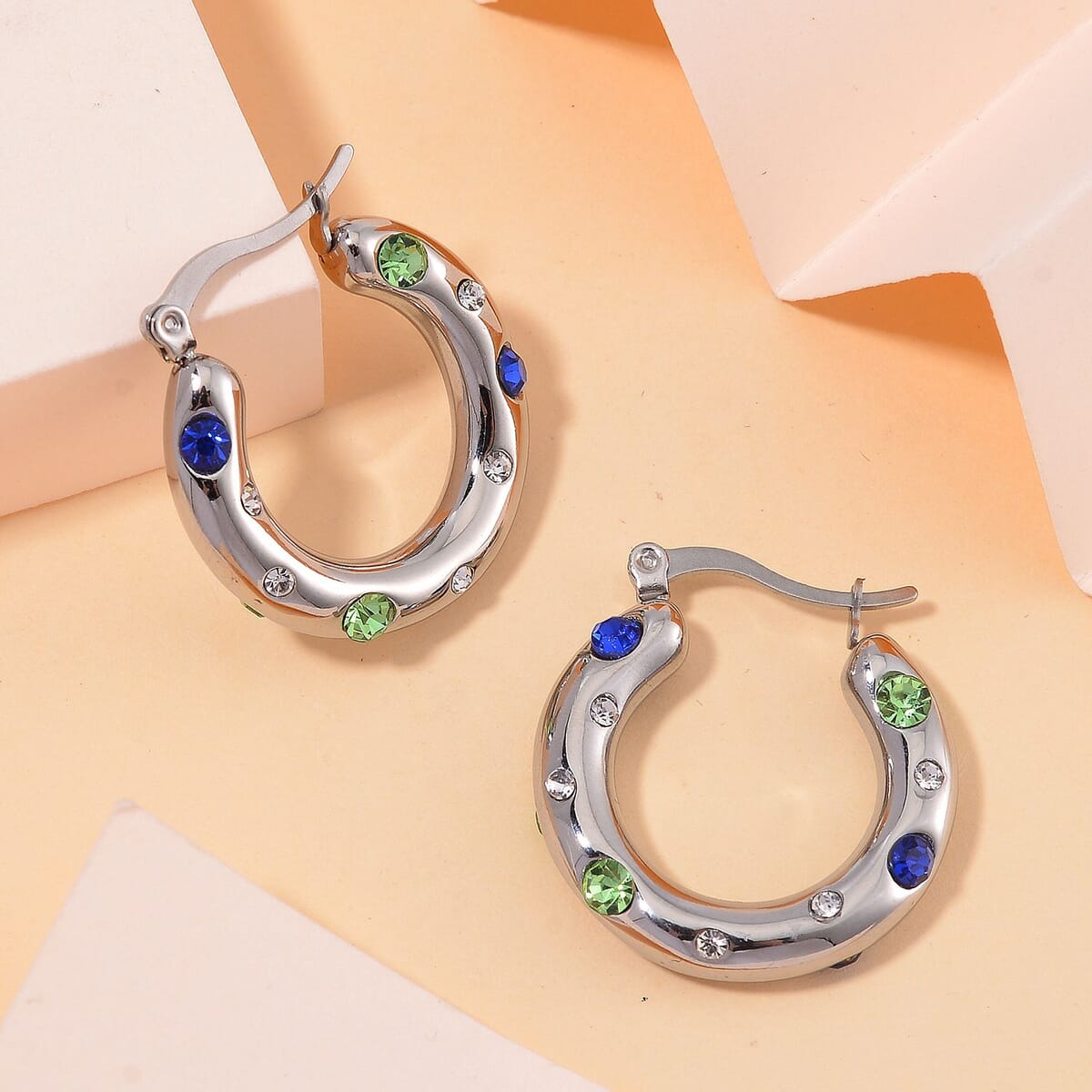 Multi Color Austrian Crystal Hoop Earrings in Stainless Steel image number 1