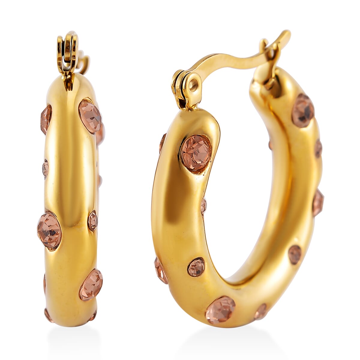 Champagne Austrian Crystal Hoop Earrings in ION Plated YG Stainless Steel image number 0