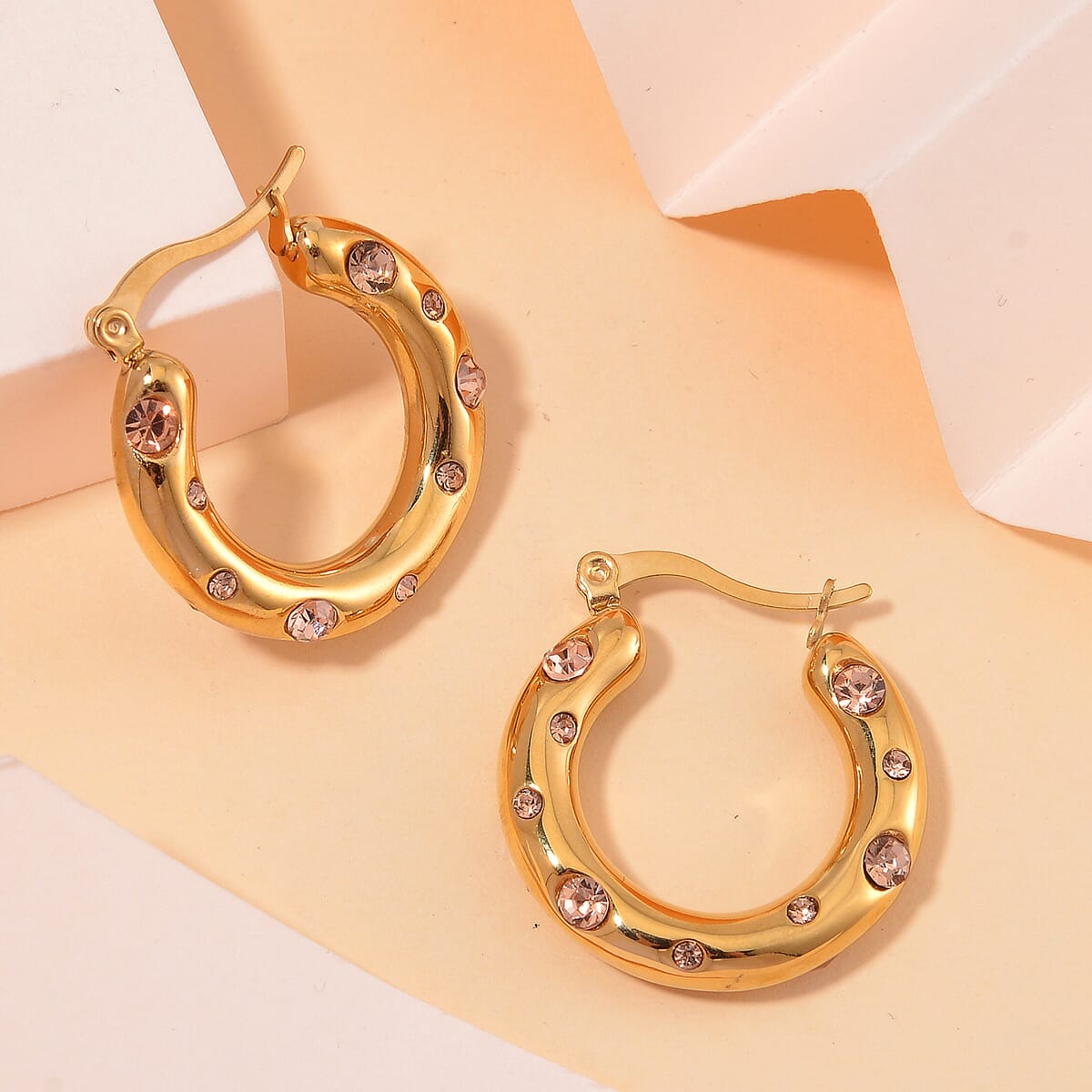 Champagne Austrian Crystal Hoop Earrings in ION Plated YG Stainless Steel image number 1