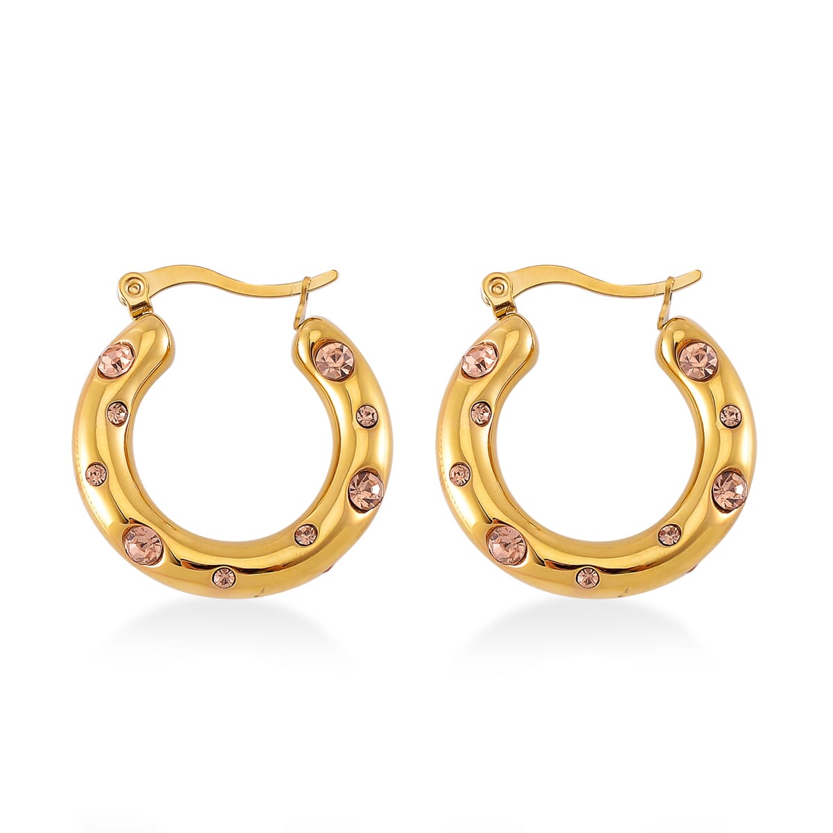 Champagne Austrian Crystal Hoop Earrings in ION Plated YG Stainless Steel image number 3