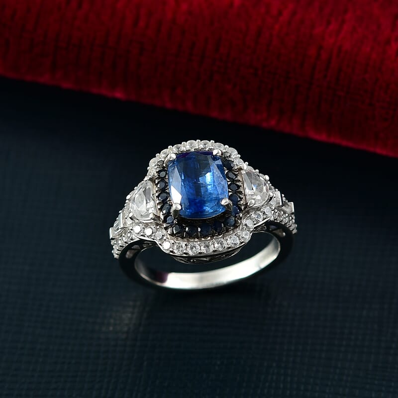 D'Joy Kashmir Kyanite and Multi Gemstone 4.70 ctw Halo Harmony Ring in Rhodium Over Sterling Silver (Size 10.0)