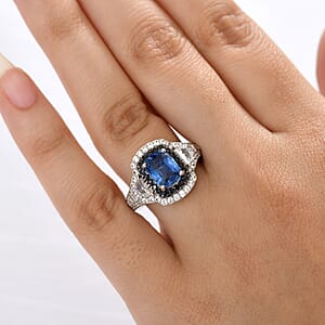 D'Joy Kashmir Kyanite and Multi Gemstone 4.70 ctw Halo Harmony Ring in Rhodium Over Sterling Silver (Size 10.0)