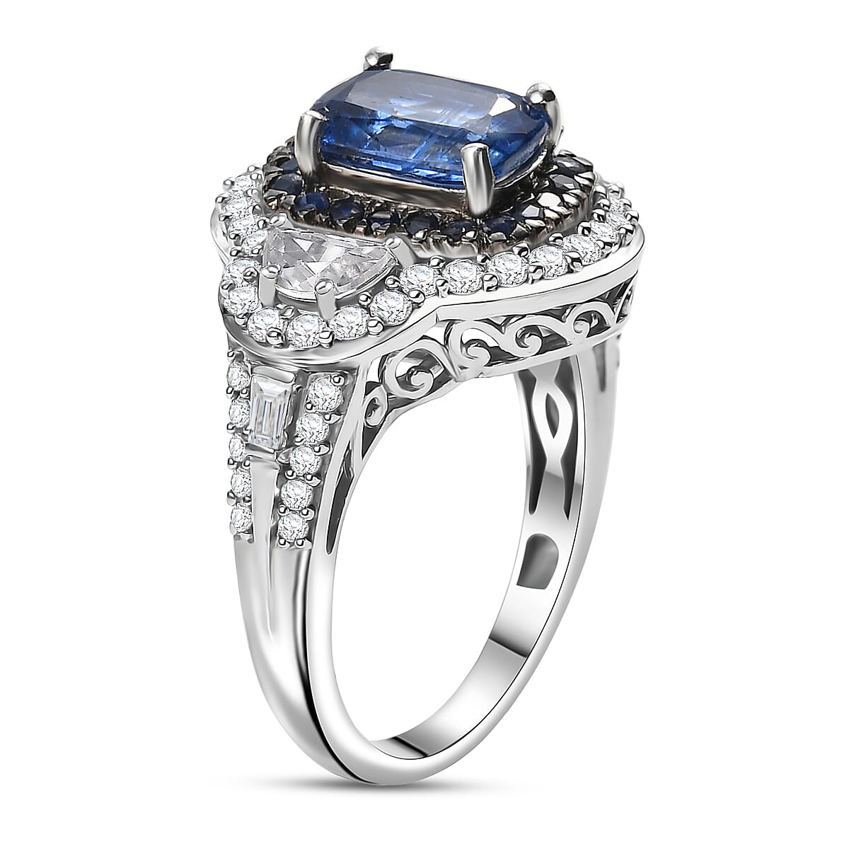 D'Joy Kashmir Kyanite and Multi Gemstone 4.70 ctw Halo Harmony Ring in Rhodium Over Sterling Silver (Size 10.0)