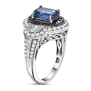 D'Joy Kashmir Kyanite and Multi Gemstone 4.70 ctw Halo Harmony Ring in Rhodium Over Sterling Silver (Size 10.0)