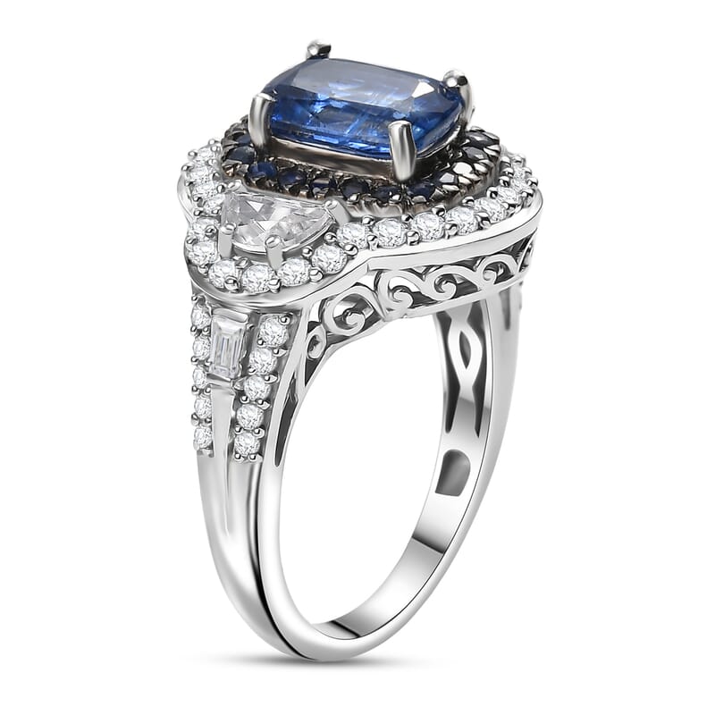 D'Joy Kashmir Kyanite and Multi Gemstone 4.70 ctw Halo Harmony Ring in Rhodium Over Sterling Silver (Size 10.0)