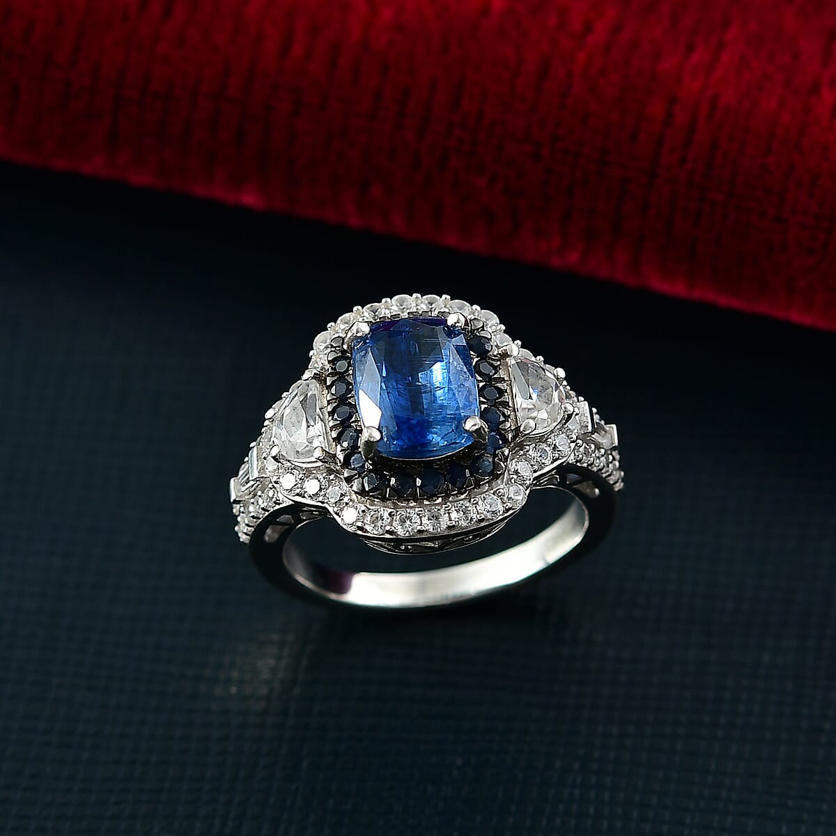 D'Joy Kashmir Kyanite and Multi Gemstone 4.70 ctw Halo Harmony Ring in Rhodium Over Sterling Silver (Size 7.0) image number 1