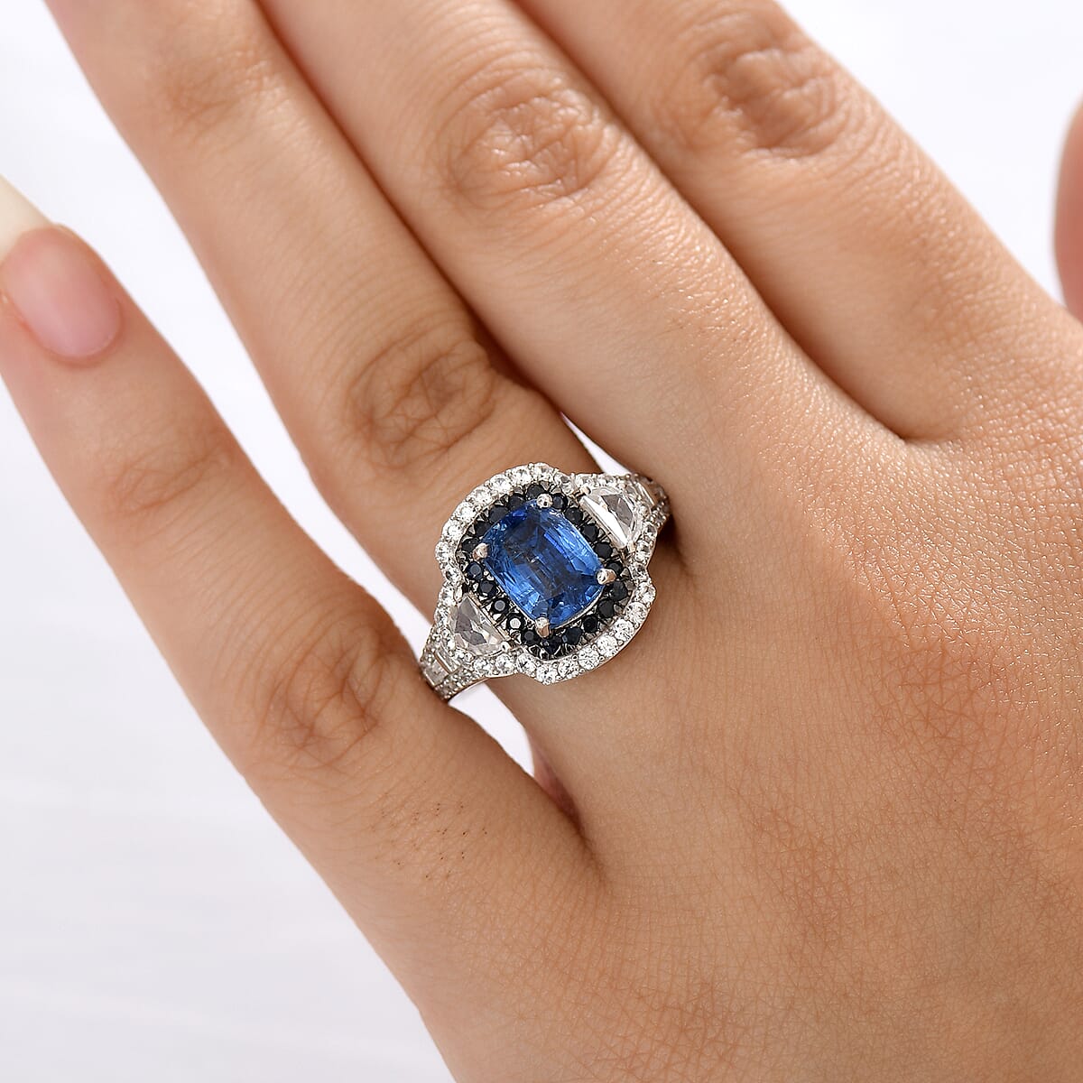 D'Joy Kashmir Kyanite and Multi Gemstone 4.70 ctw Halo Harmony Ring in Rhodium Over Sterling Silver (Size 8.0) image number 2