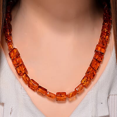 Simulated Amber Cushion Beaded Necklace 21 Inches