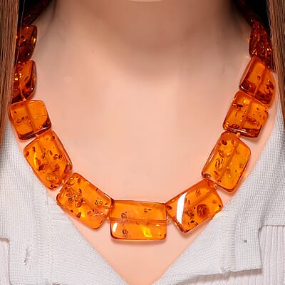 Simulated Amber Fancy Block Necklace 24 Inches