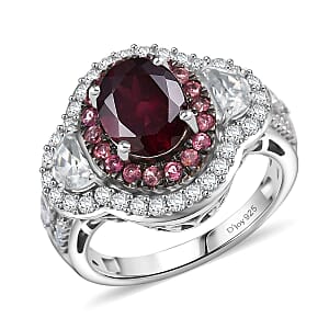 D'Joy Orissa Rhodolite Garnet and Multi Gemstone 4.20 ctw Halo Harmony Ring in Rhodium Over Sterling Silver (Size 6.0)