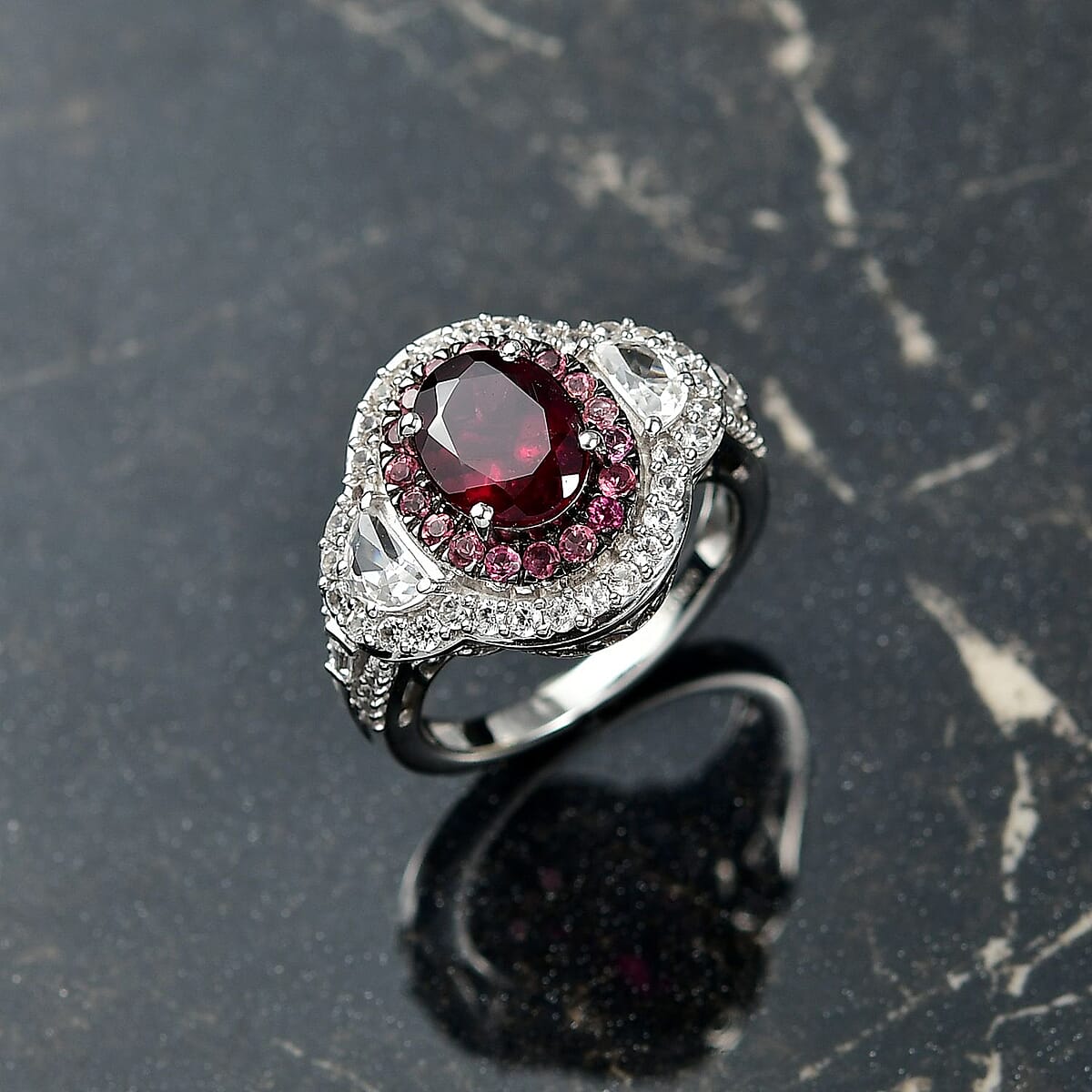 D'Joy Orissa Rhodolite Garnet and Multi Gemstone 4.20 ctw Halo Harmony Ring in Rhodium Over Sterling Silver (Size 6.0) image number 1