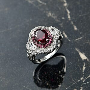 D'Joy Orissa Rhodolite Garnet and Multi Gemstone 4.20 ctw Halo Harmony Ring in Rhodium Over Sterling Silver (Size 6.0)