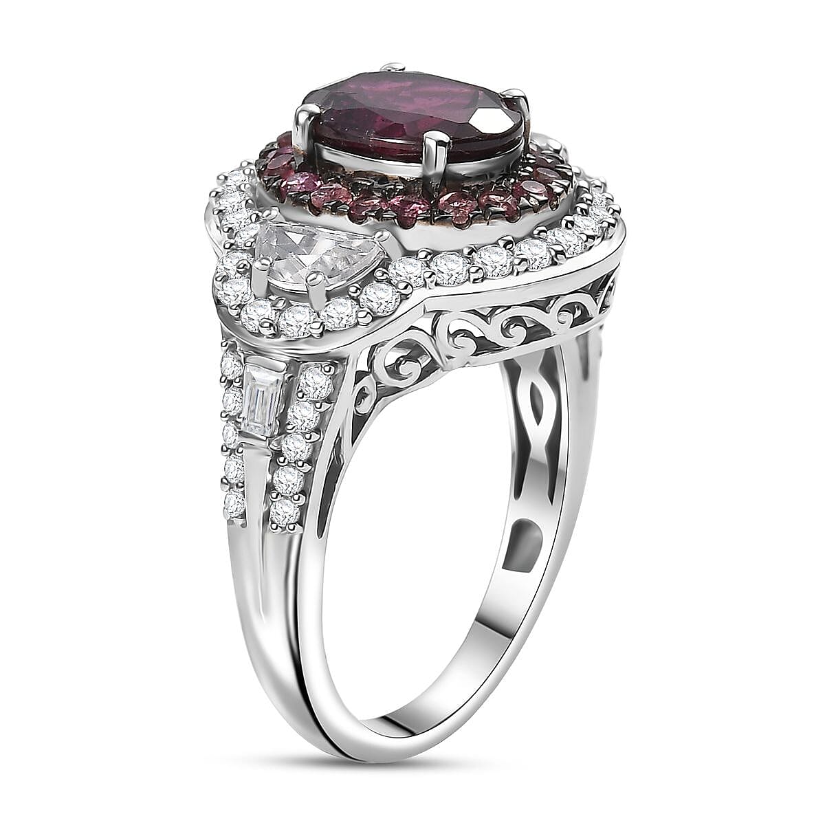 D'Joy Orissa Rhodolite Garnet and Multi Gemstone 4.20 ctw Halo Harmony Ring in Rhodium Over Sterling Silver (Size 6.0) image number 3