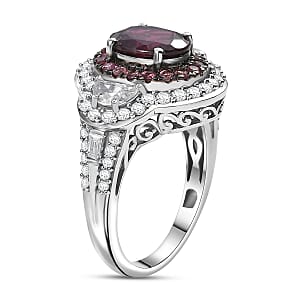 D'Joy Orissa Rhodolite Garnet and Multi Gemstone 4.20 ctw Halo Harmony Ring in Rhodium Over Sterling Silver (Size 6.0)