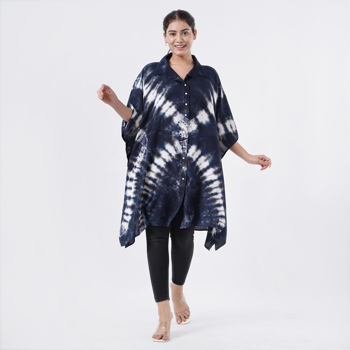 Tamsy Navy Tie Dye Kaftan with Collar and Front Buttons - One Size Fits Most image number 0