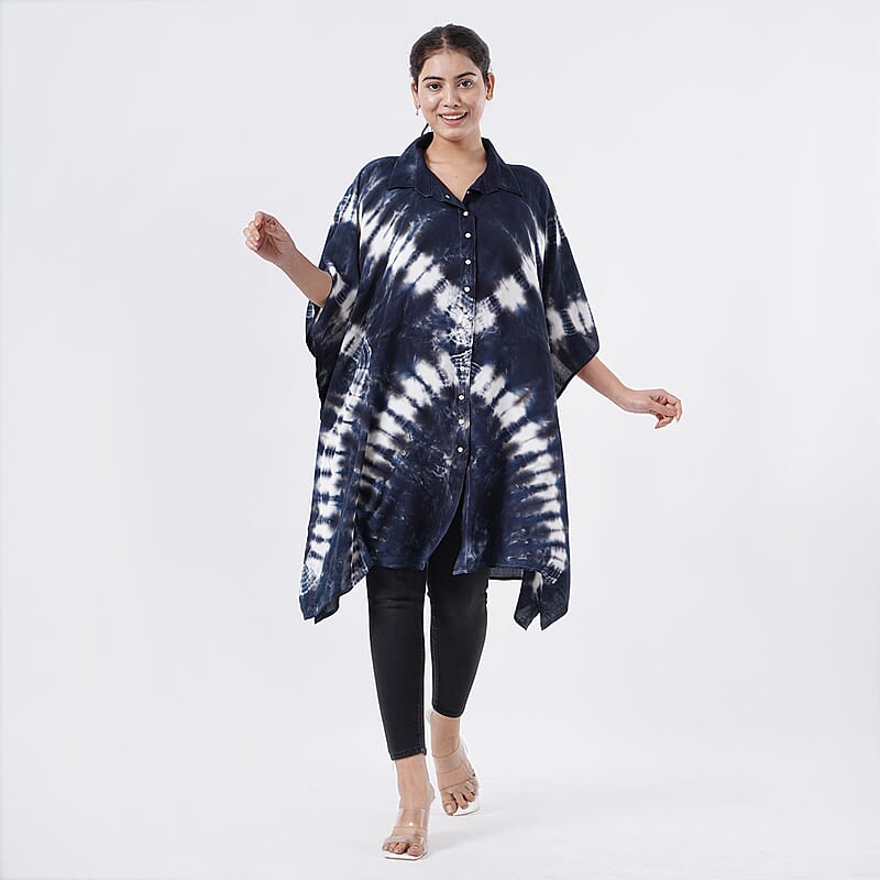 Tamsy Navy Tie Dye Kaftan with Collar and Front Buttons - One Size Fits Most