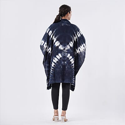 Tamsy Navy Tie Dye Kaftan with Collar and Front Buttons - One Size Fits Most