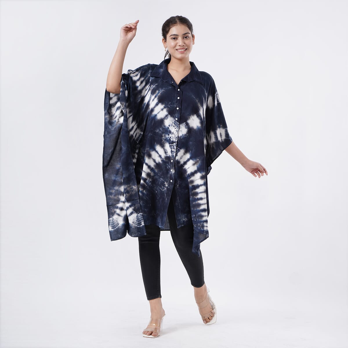Tamsy Navy Tie Dye Kaftan with Collar and Front Buttons - One Size Fits Most image number 2