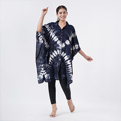 Tamsy Navy Tie Dye Kaftan with Collar and Front Buttons - One Size Fits Most