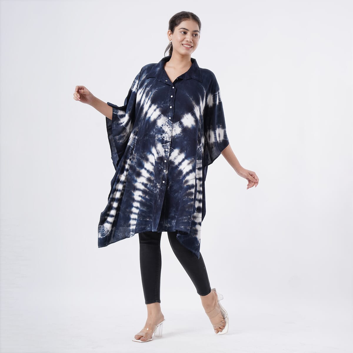 Tamsy Navy Tie Dye Kaftan with Collar and Front Buttons - One Size Fits Most image number 3
