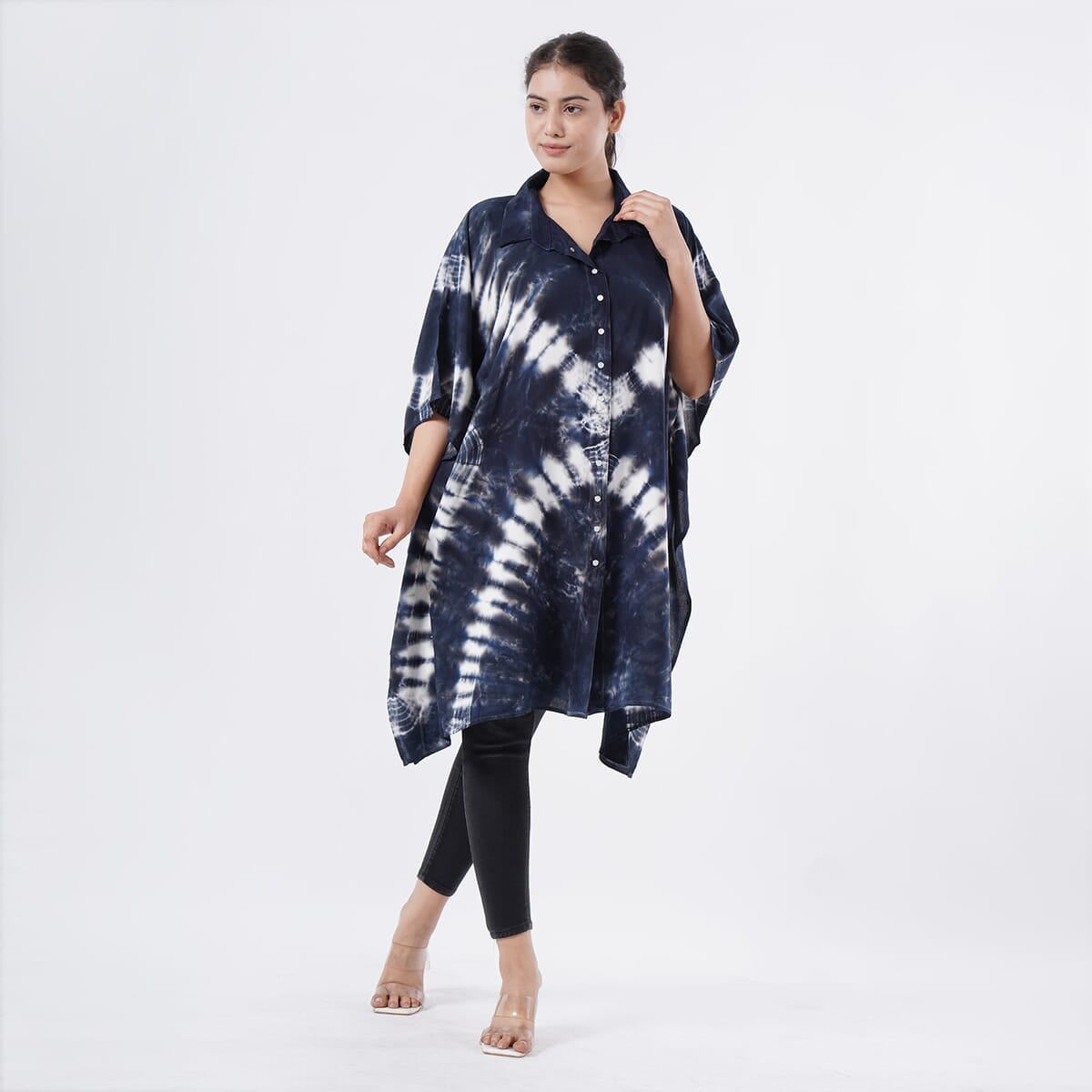Tamsy Navy Tie Dye Kaftan with Collar and Front Buttons - One Size Fits Most image number 4