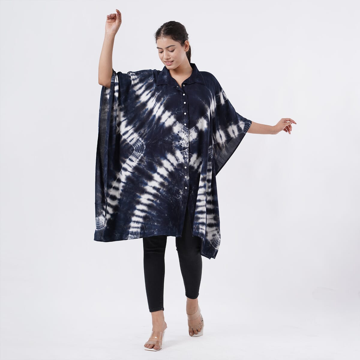 Tamsy Navy Tie Dye Kaftan with Collar and Front Buttons - One Size Fits Most image number 5