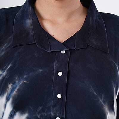 Tamsy Navy Tie Dye Kaftan with Collar and Front Buttons - One Size Fits Most