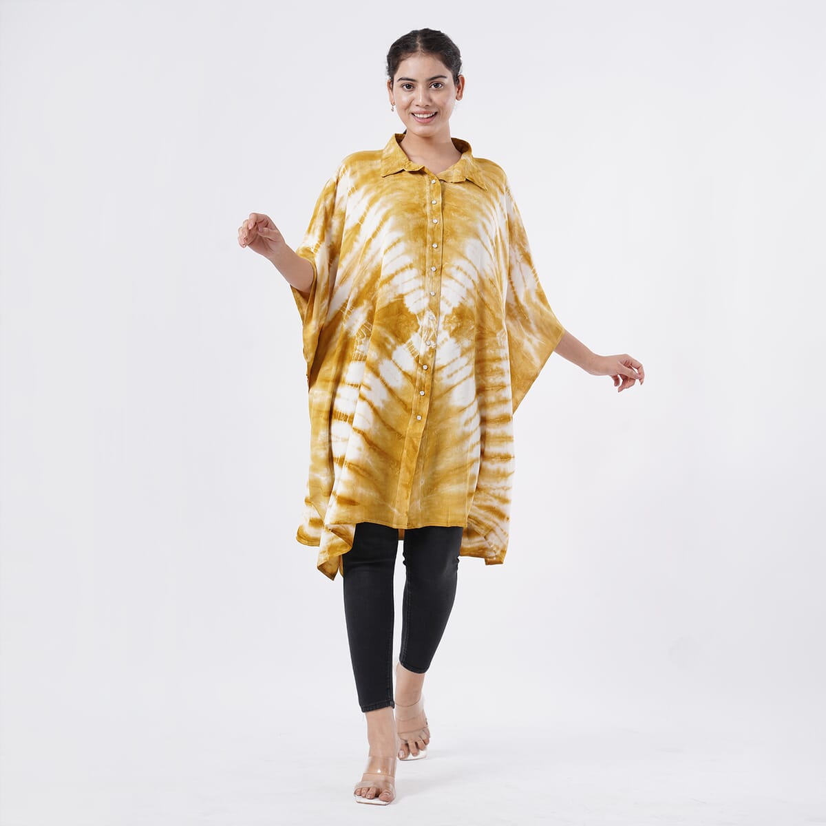Tamsy Tan Tie Dye Kaftan with Collar and Front Buttons - One Size Fits Most image number 0