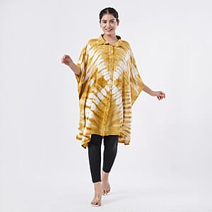 Tamsy Tan Tie Dye Kaftan with Collar and Front Buttons - One Size Fits Most