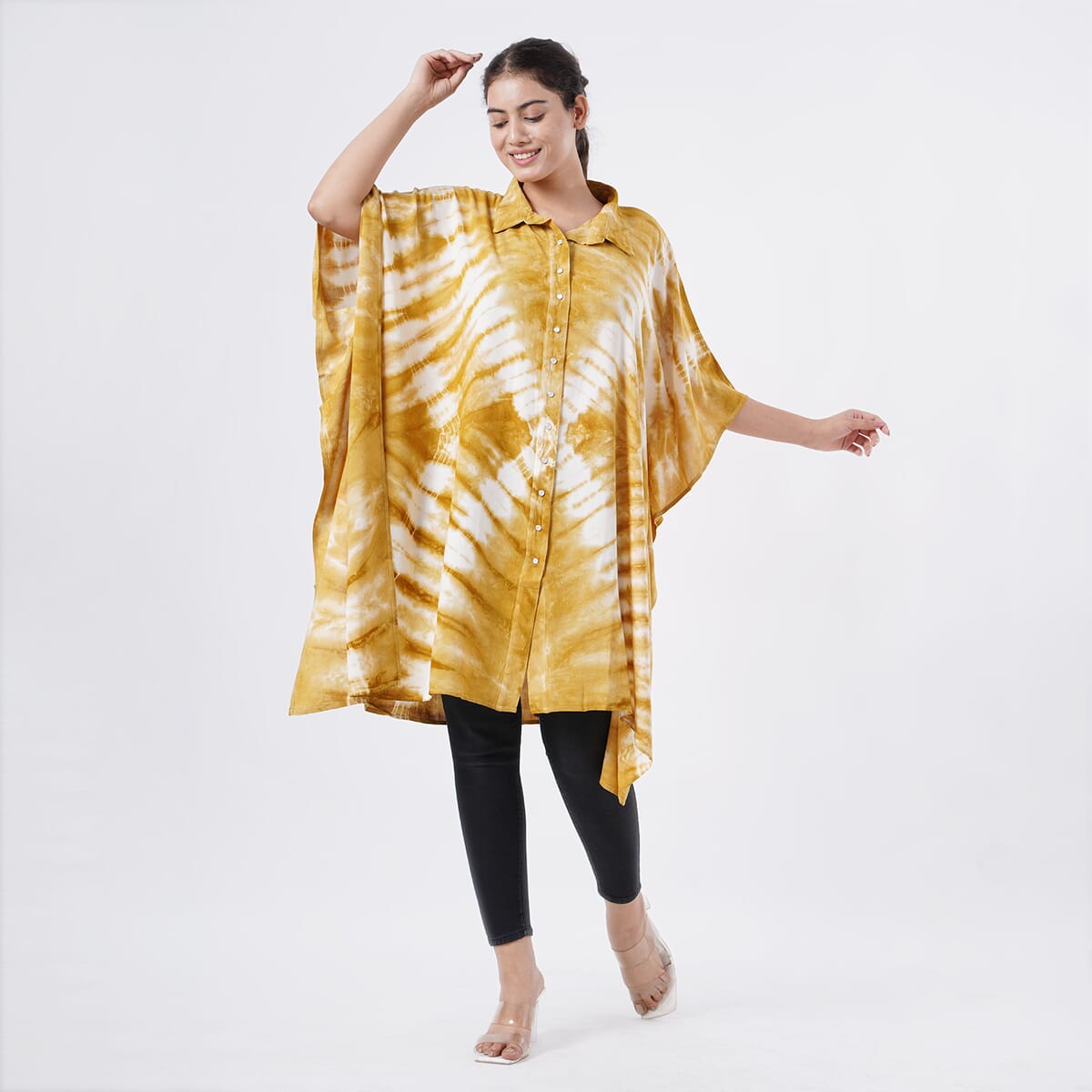Tamsy Tan Tie Dye Kaftan with Collar and Front Buttons - One Size Fits Most image number 2
