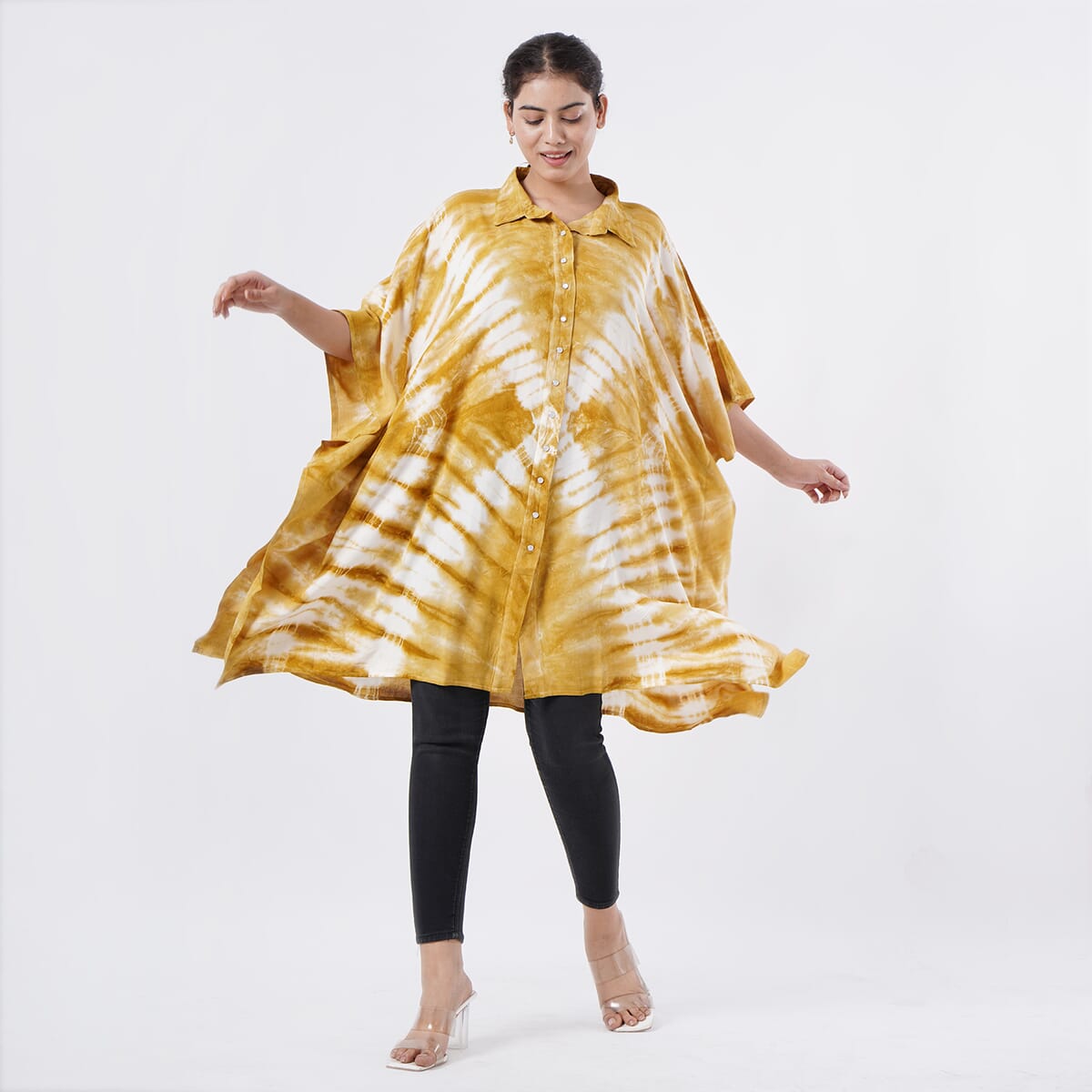 Tamsy Tan Tie Dye Kaftan with Collar and Front Buttons - One Size Fits Most image number 3