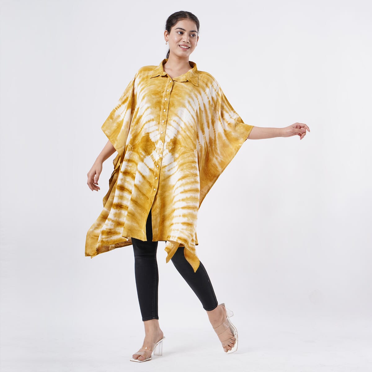 Tamsy Tan Tie Dye Kaftan with Collar and Front Buttons - One Size Fits Most image number 4