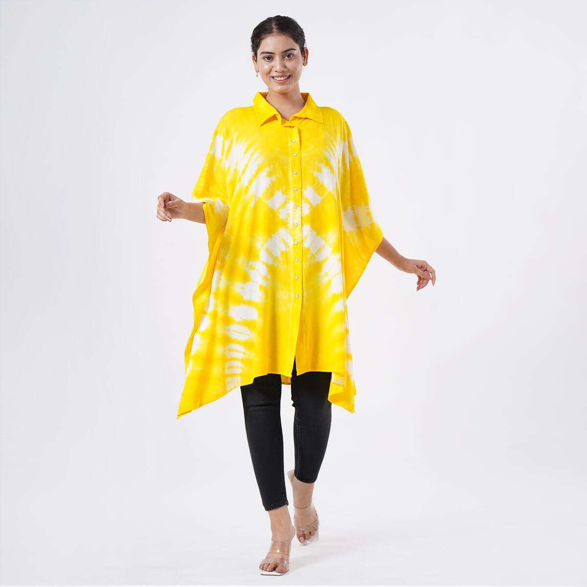 Tamsy Yellow Tie Dye Kaftan with Collar and Front Buttons - One Size Fits Most image number 0