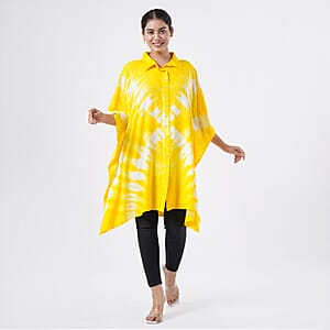 Tamsy Yellow Tie Dye Kaftan with Collar and Front Buttons - One Size Fits Most