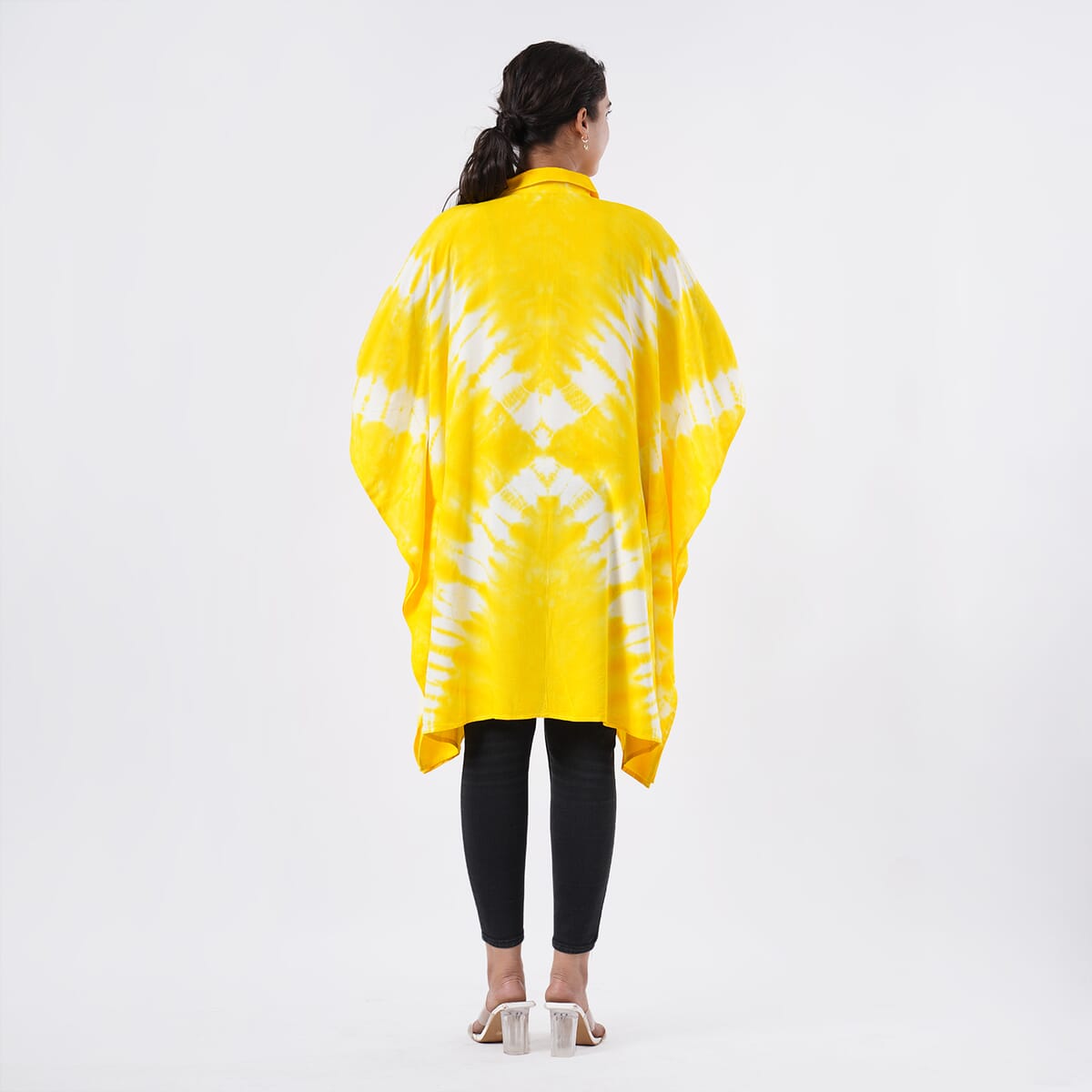 Tamsy Yellow Tie Dye Kaftan with Collar and Front Buttons - One Size Fits Most image number 1
