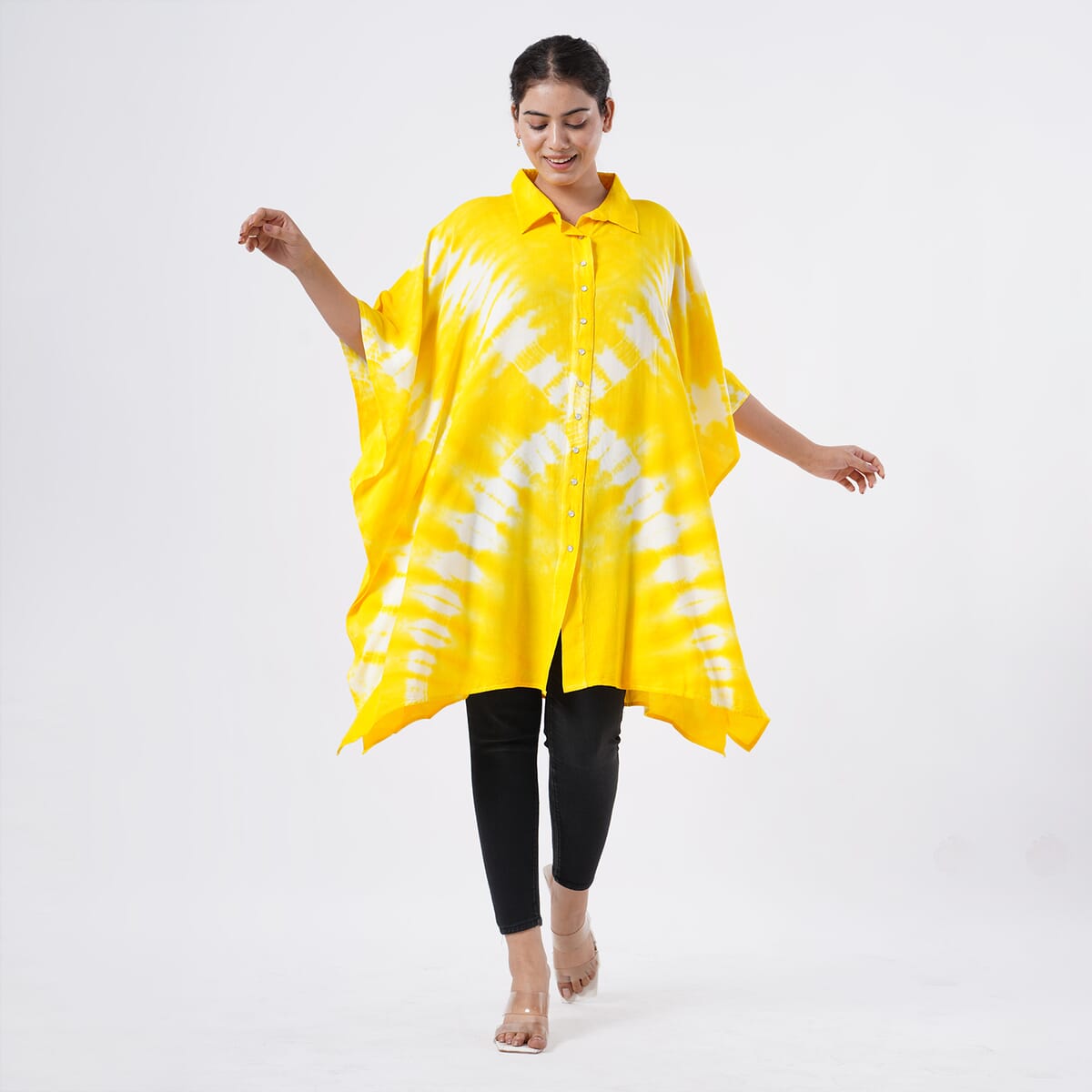 Tamsy Yellow Tie Dye Kaftan with Collar and Front Buttons - One Size Fits Most image number 2