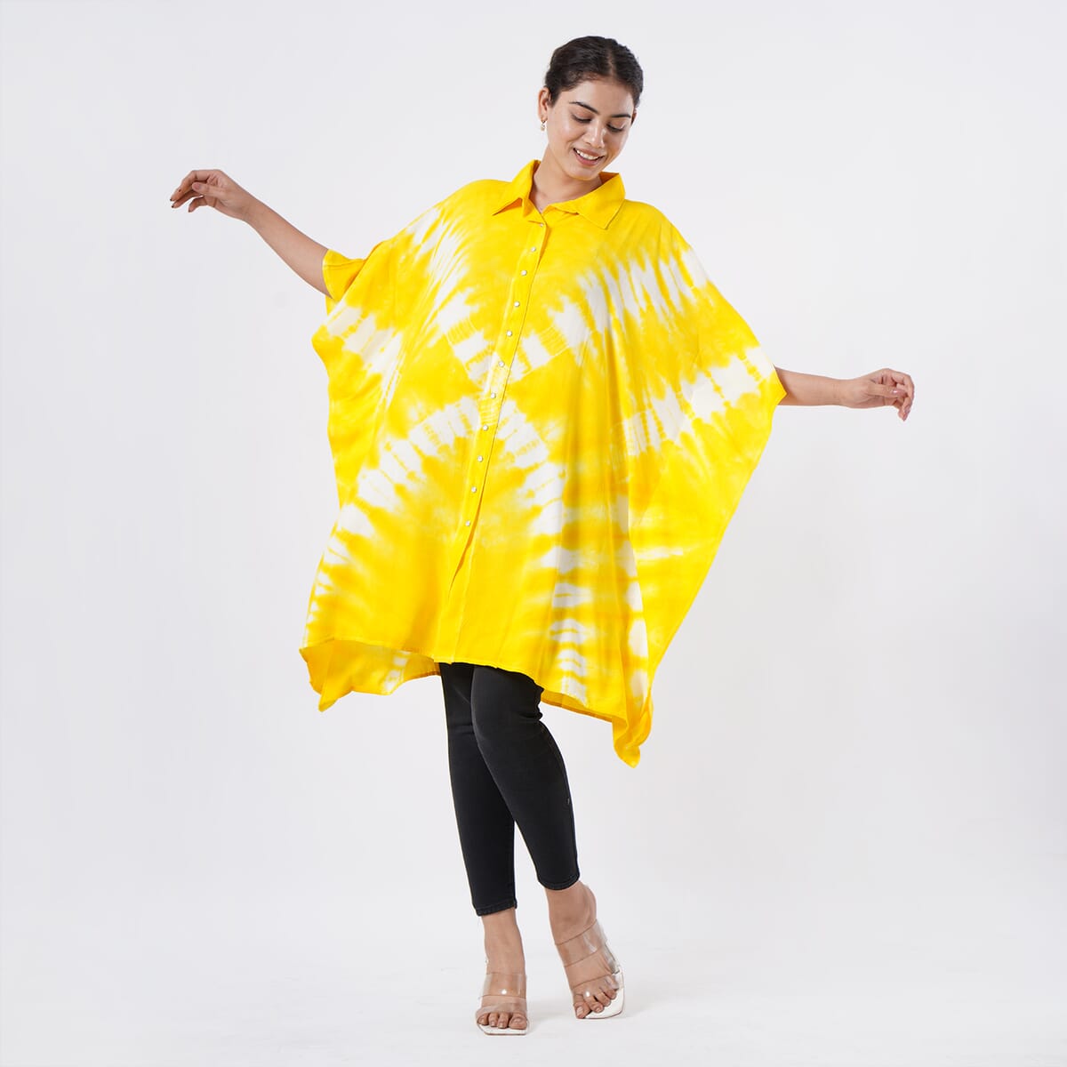 Tamsy Yellow Tie Dye Kaftan with Collar and Front Buttons - One Size Fits Most image number 3