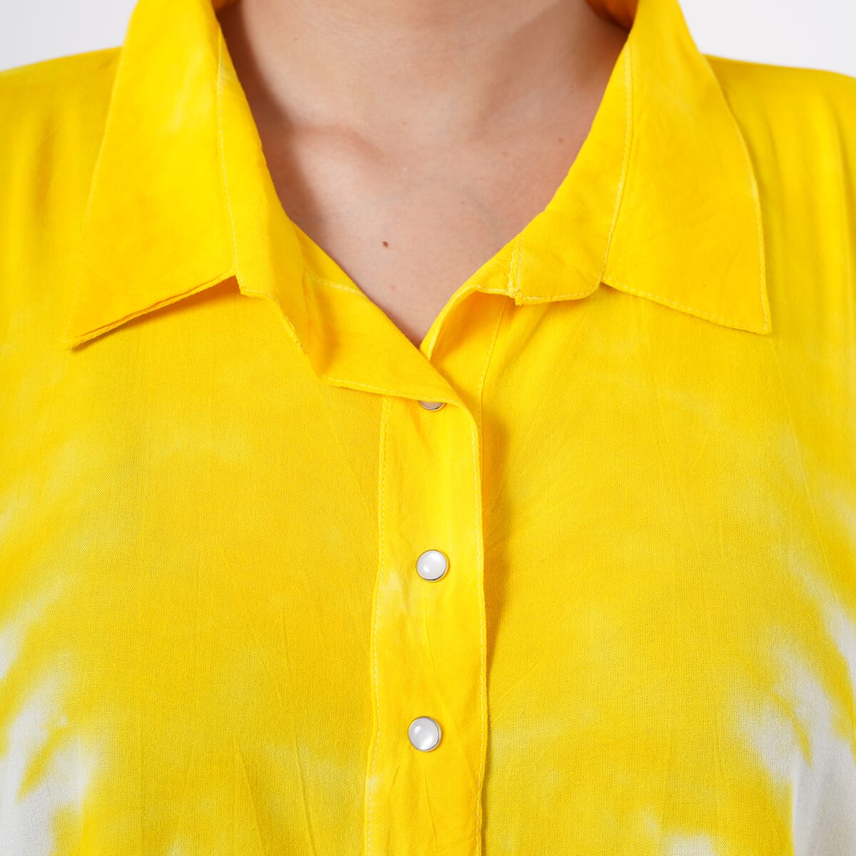 Tamsy Yellow Tie Dye Kaftan with Collar and Front Buttons - One Size Fits Most image number 4
