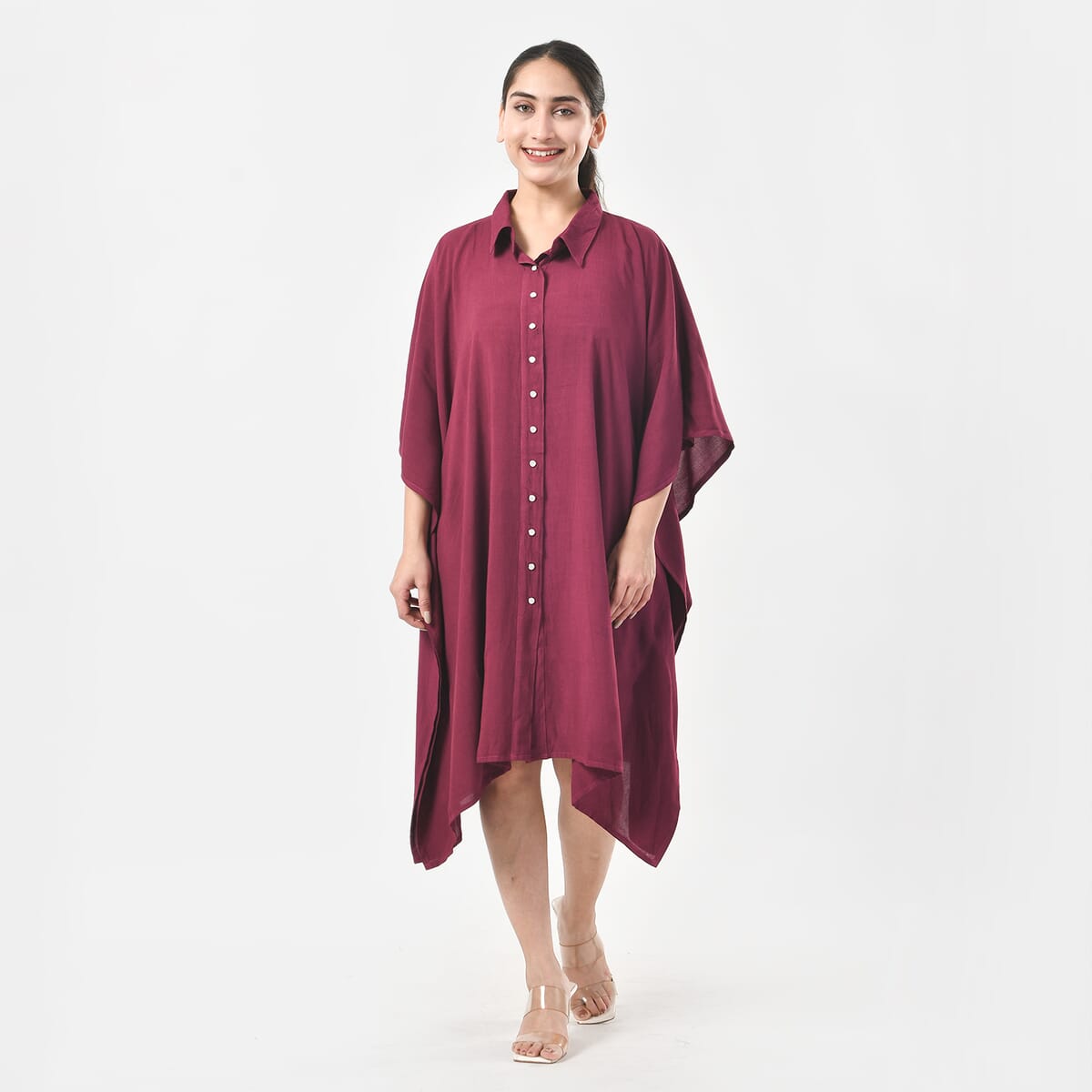 Tamsy Magenta Kaftan with Collar and Front Buttons - One Size Fits Most image number 0