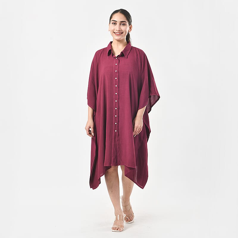 Tamsy Magenta Kaftan with Collar and Front Buttons - One Size Fits Most
