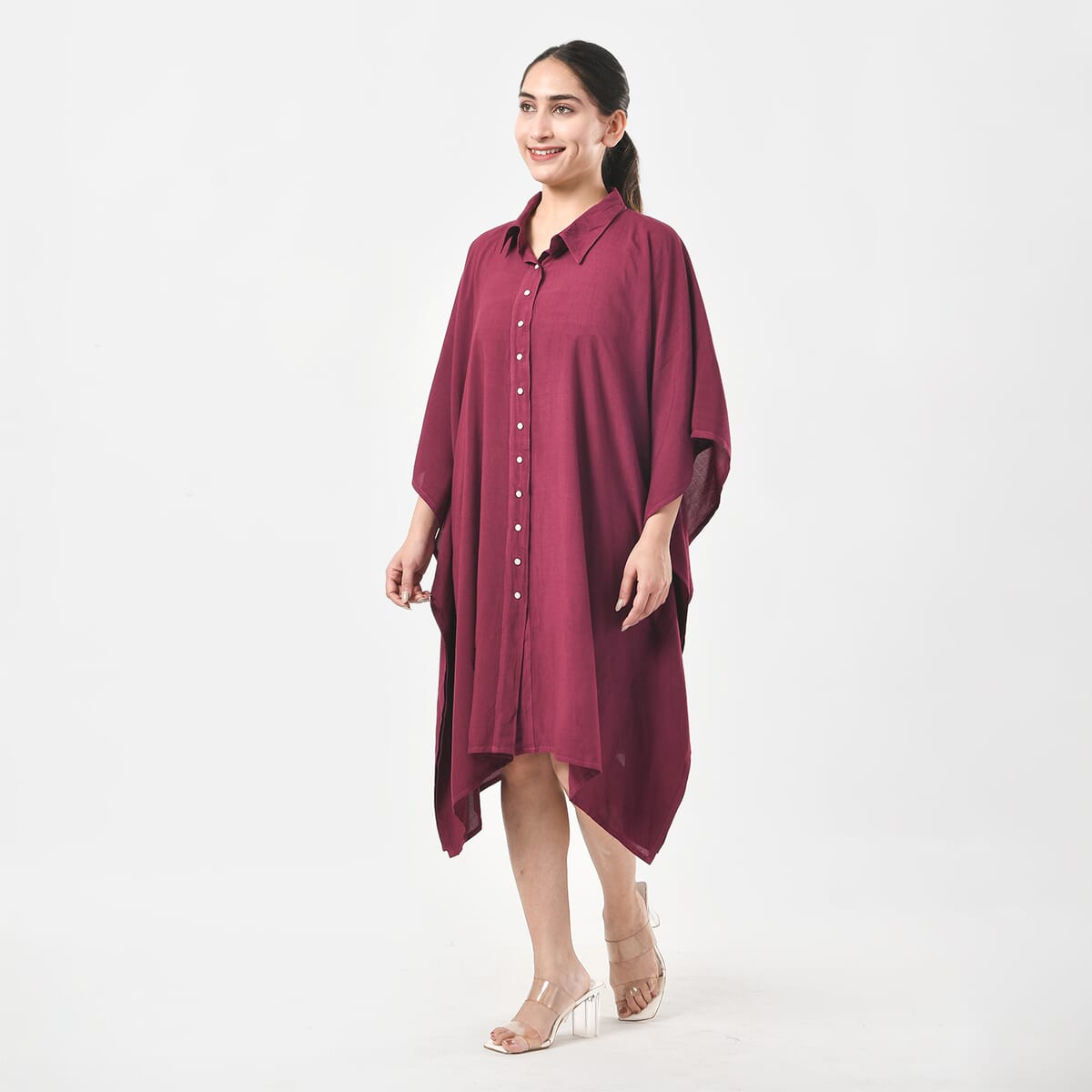 Tamsy Magenta Kaftan with Collar and Front Buttons - One Size Fits Most image number 1