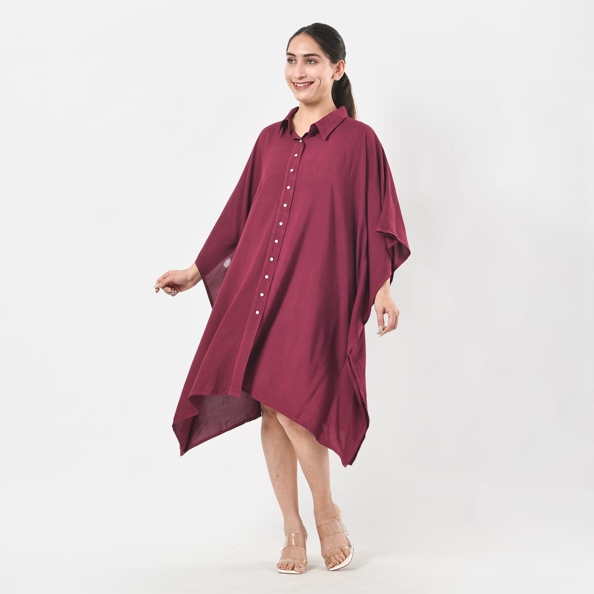 Tamsy Magenta Kaftan with Collar and Front Buttons - One Size Fits Most image number 2