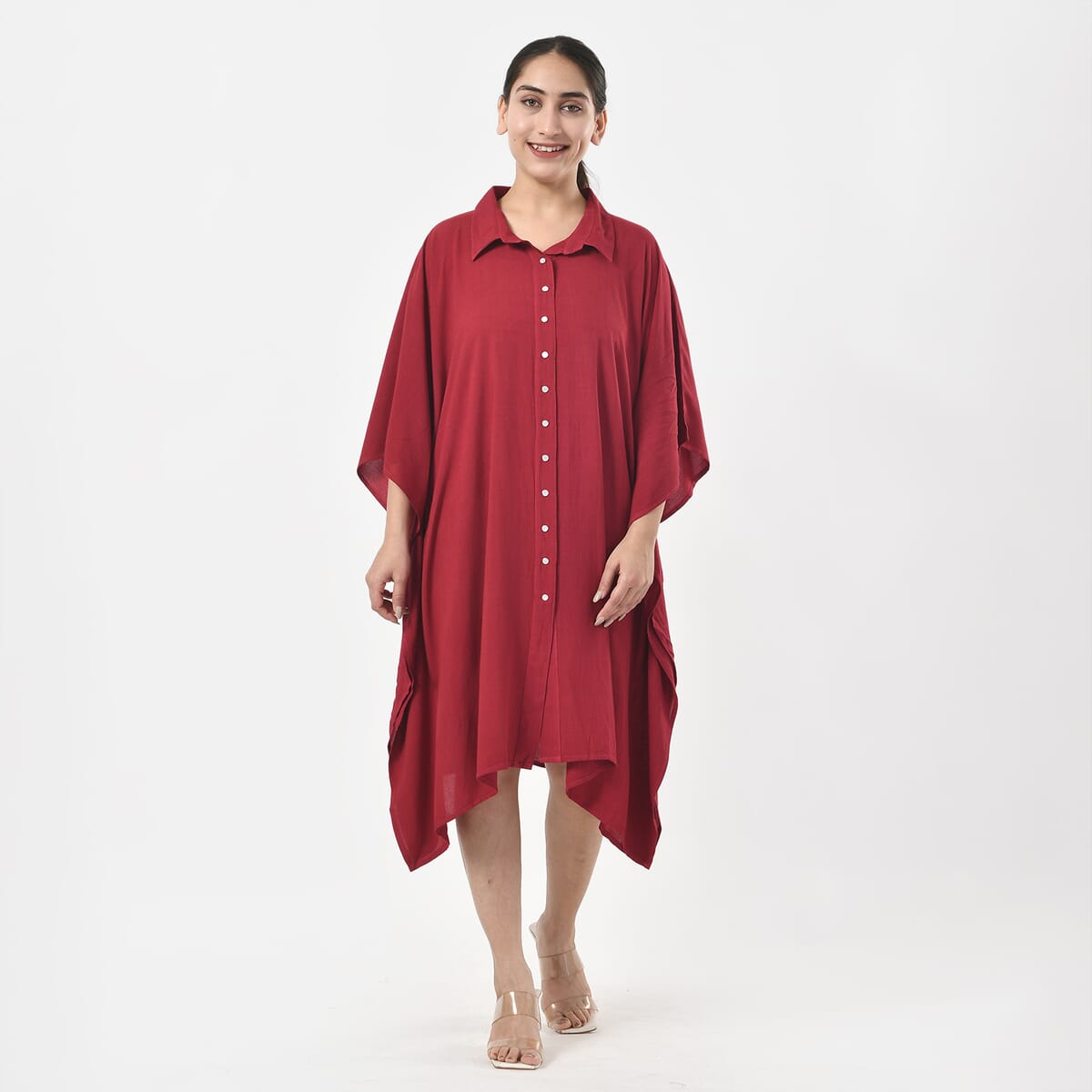 Tamsy Kaftan with Collar and Front Buttons - One Size Fits Most - Red image number 0