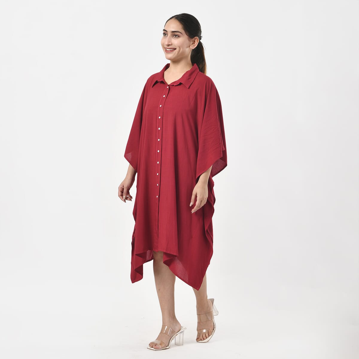 Tamsy Kaftan with Collar and Front Buttons - One Size Fits Most - Red image number 1