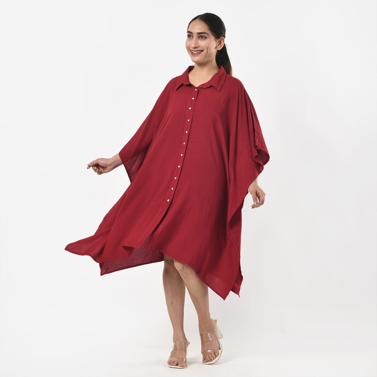 Tamsy Kaftan with Collar and Front Buttons - One Size Fits Most - Red image number 2