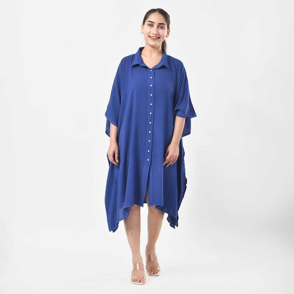 Tamsy Blue Kaftan with Collar and Front Buttons - One Size Fits Most image number 0