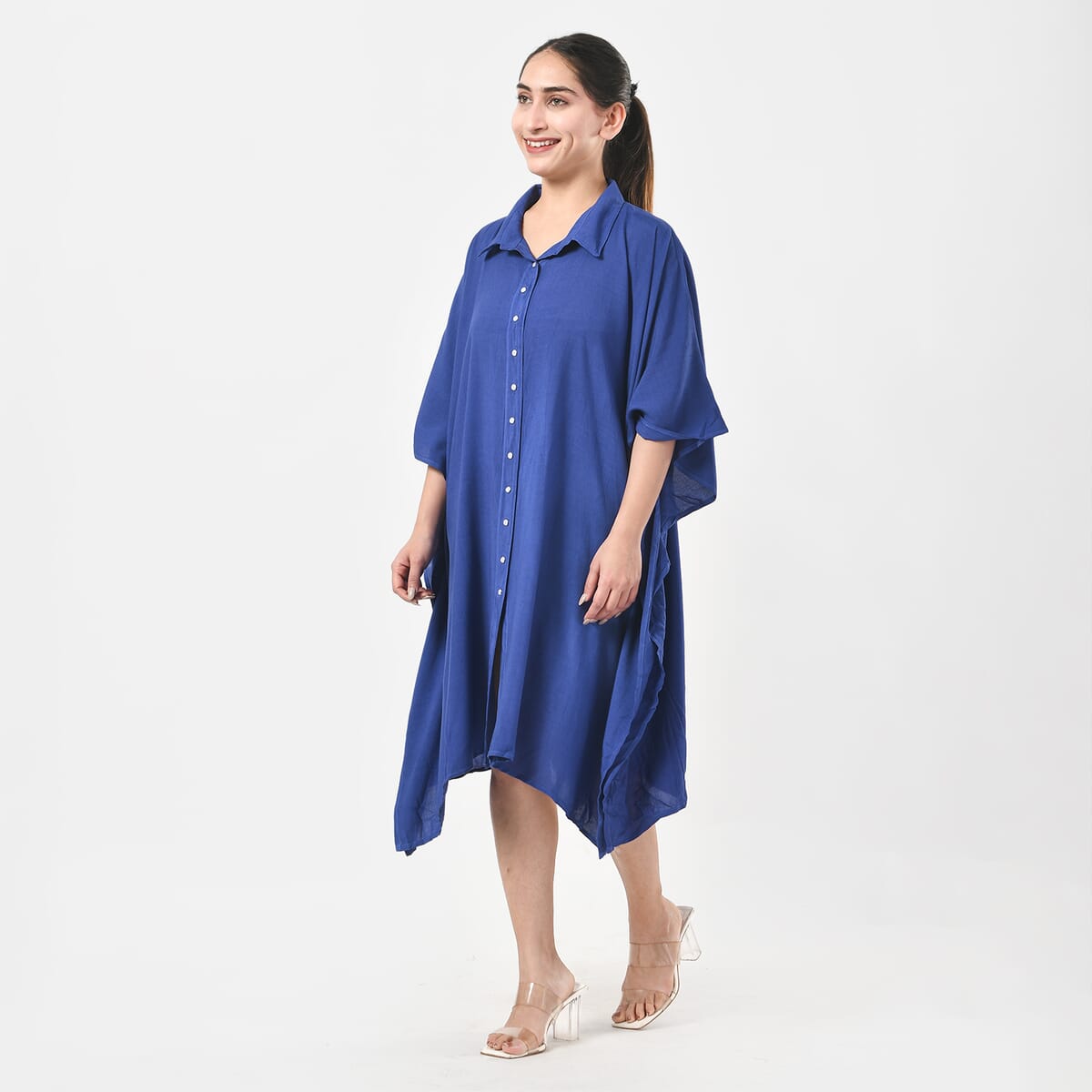 Tamsy Blue Kaftan with Collar and Front Buttons - One Size Fits Most image number 1