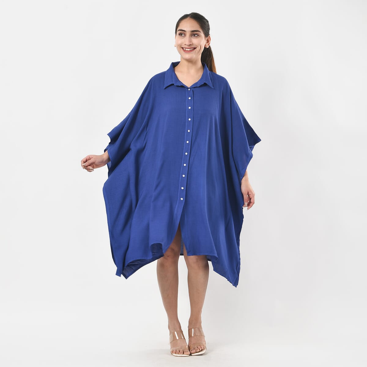 Tamsy Blue Kaftan with Collar and Front Buttons - One Size Fits Most image number 2