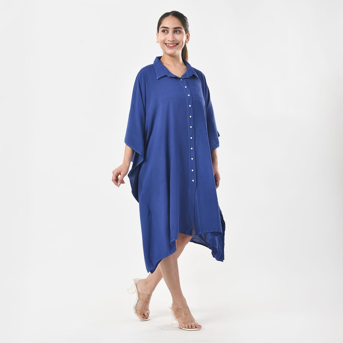 Tamsy Blue Kaftan with Collar and Front Buttons - One Size Fits Most image number 3